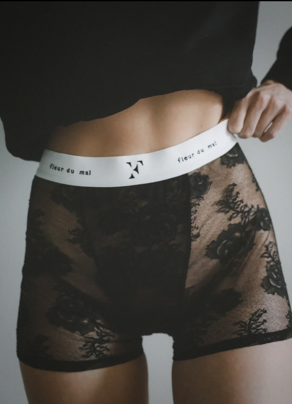 Black lace underwear with a white waistband on a neutral background