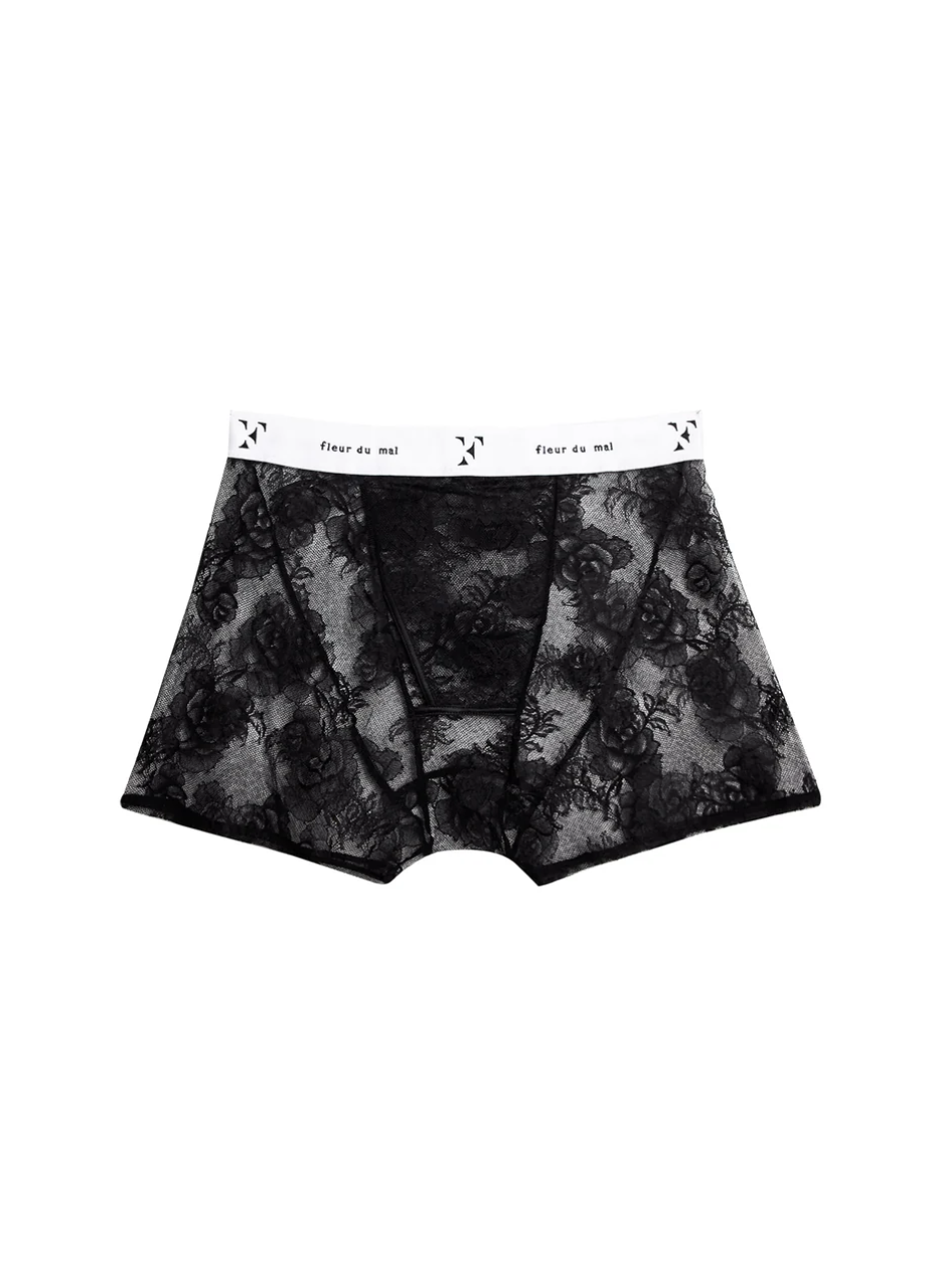 Black patterned boxer briefs with white waistband on a white background