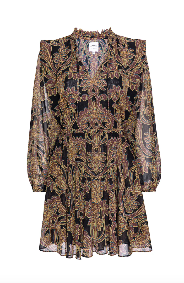 Long-sleeve dress with intricate gold and black pattern on a white background