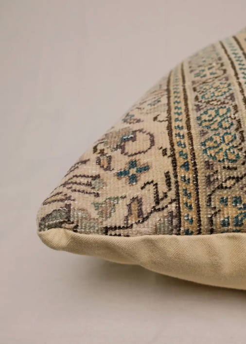 Patterned pillow with beige border on a light background