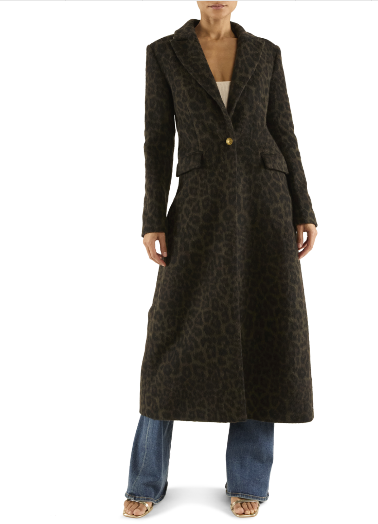 Long patterned coat worn by a person on a white background