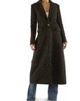 Long patterned coat worn by a person on a white background