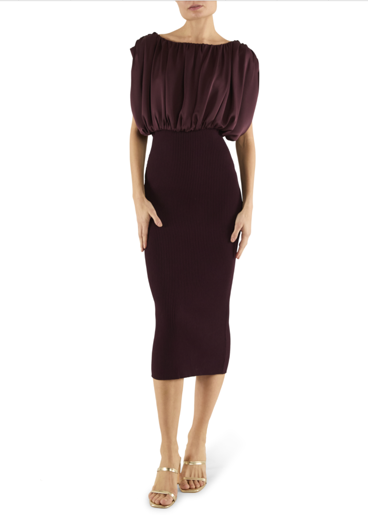 Woman wearing a dark brown dress on a white background