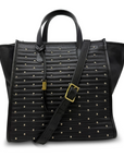 Black handbag with studded details and a gold buckle on a white background