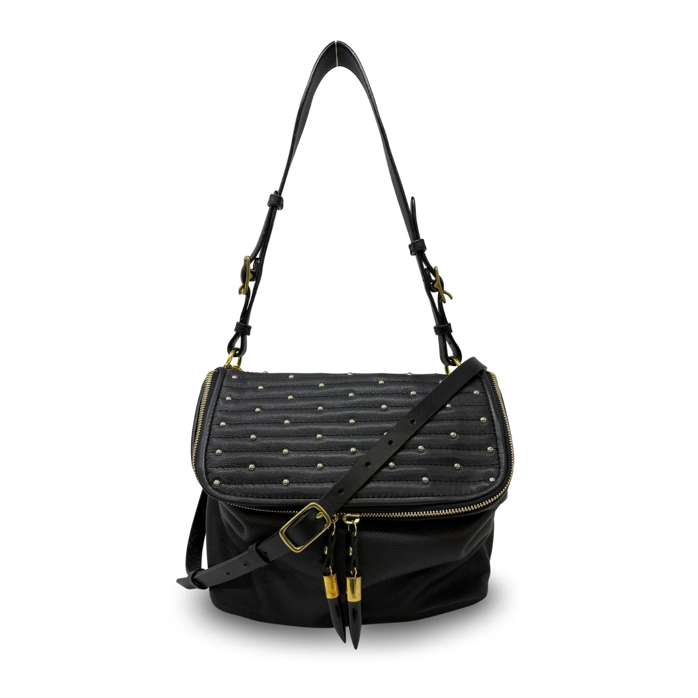 Black quilted handbag with gold accents on a white background