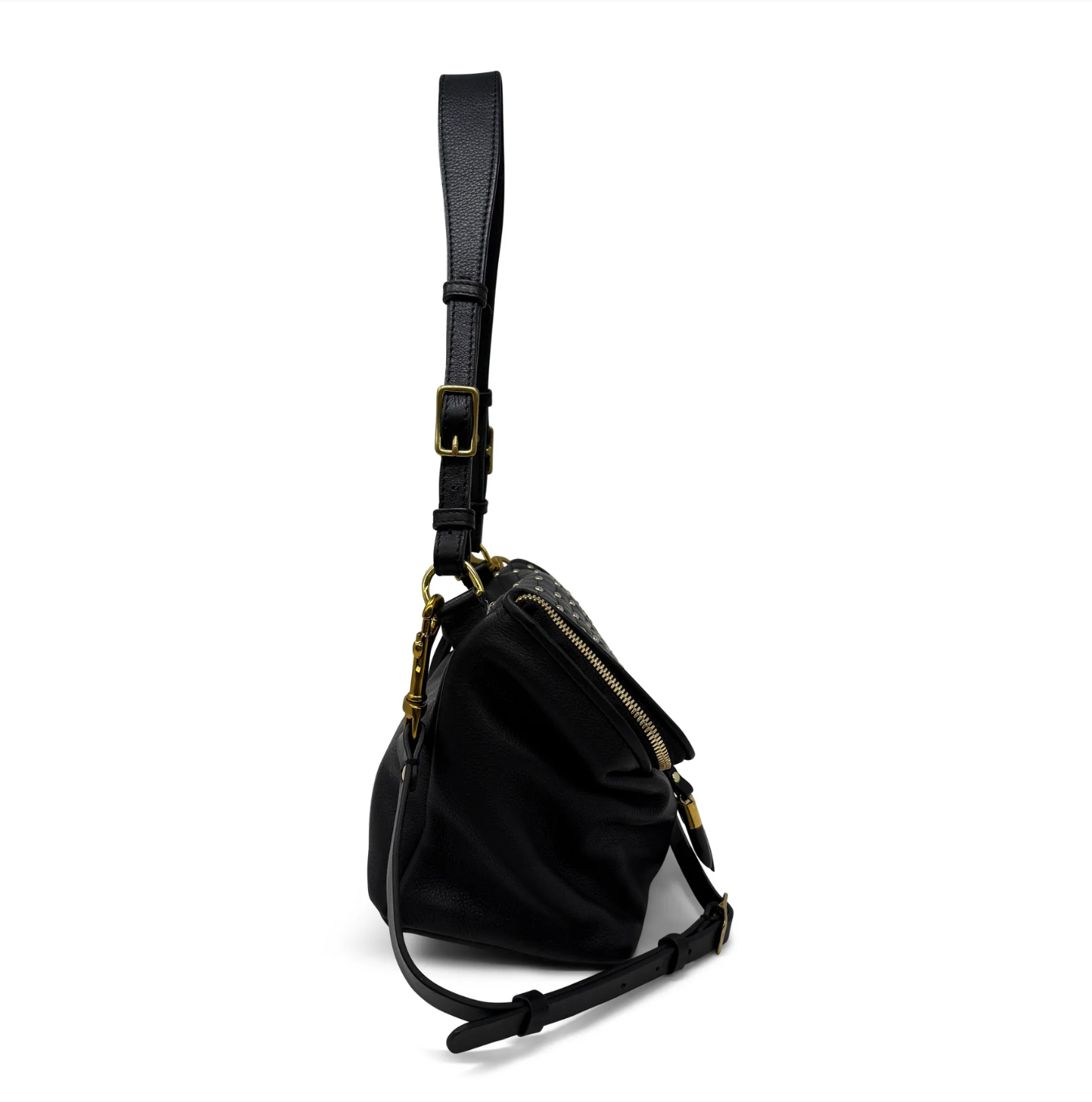 Black handbag with gold accents on a white background