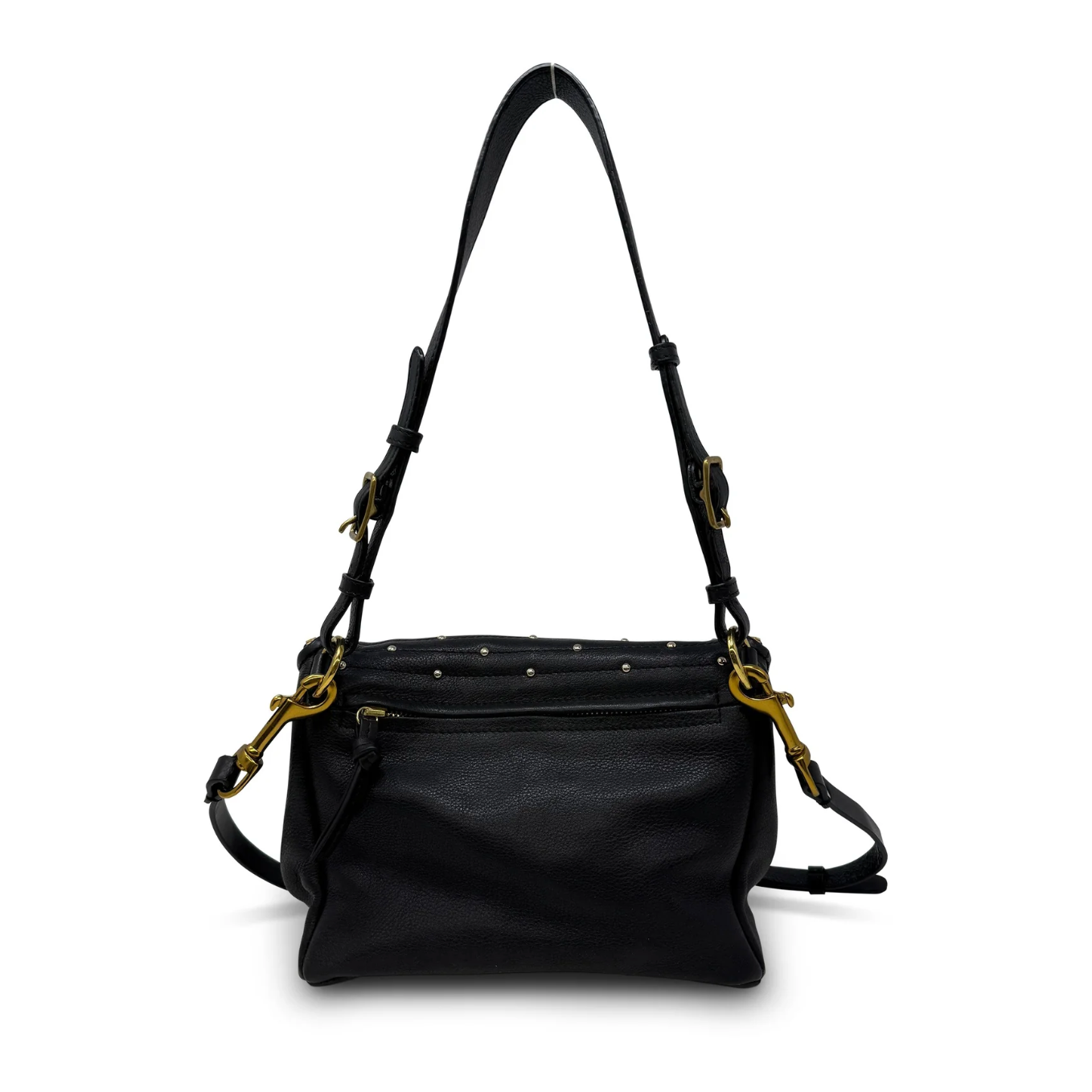 Black handbag with gold accents on a white background