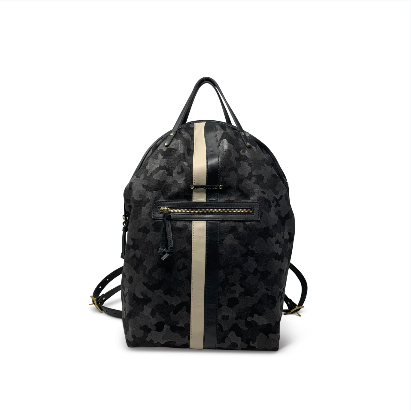 Black camouflage backpack with a silver stripe on a white background
