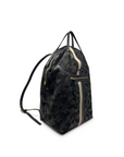 Black drawstring bag with white patterns on a white background