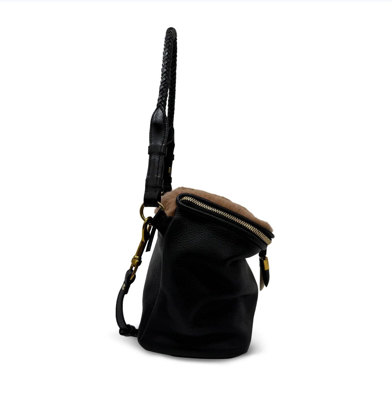 Black leather bag with brown top section on a white background