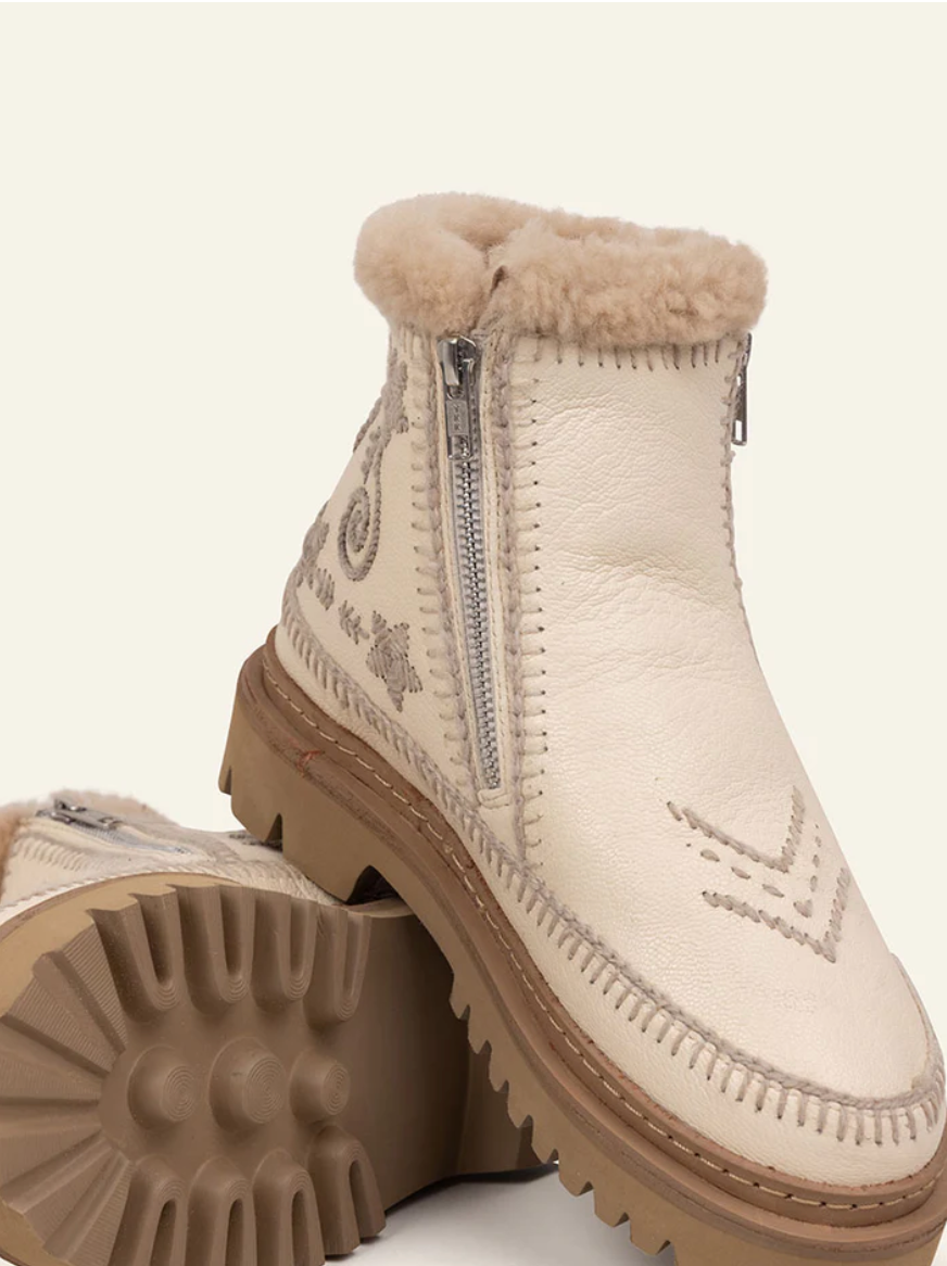 White winter boot with fur trim and decorative stitching on a white background