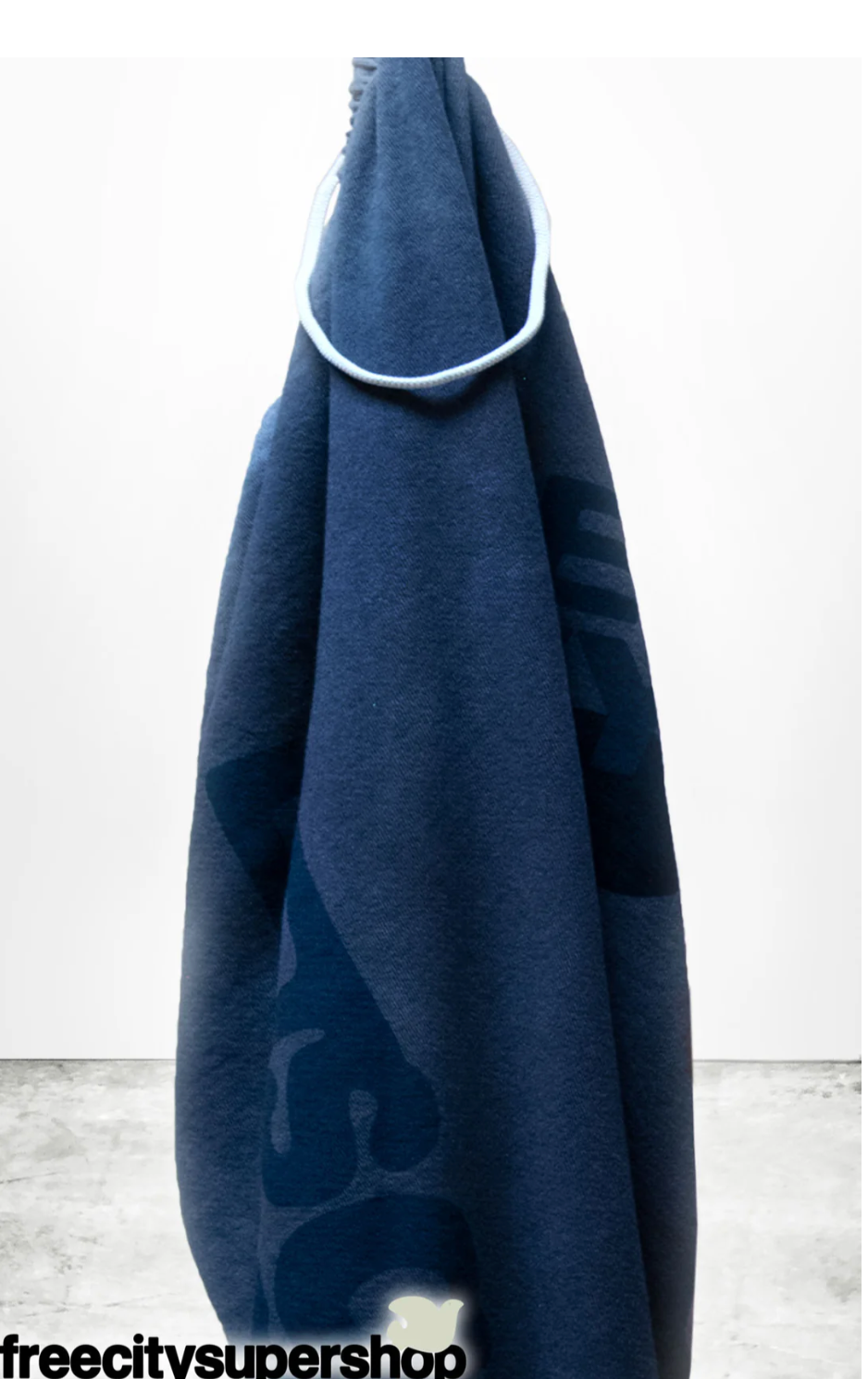 Blue hoodie with a brand logo on a white background