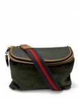 Green bag with a red and black strap on a white background