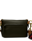 Black leather handbag with gold hardware and a strap on a white background