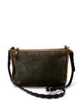 Green leather handbag with braided strap on a white background