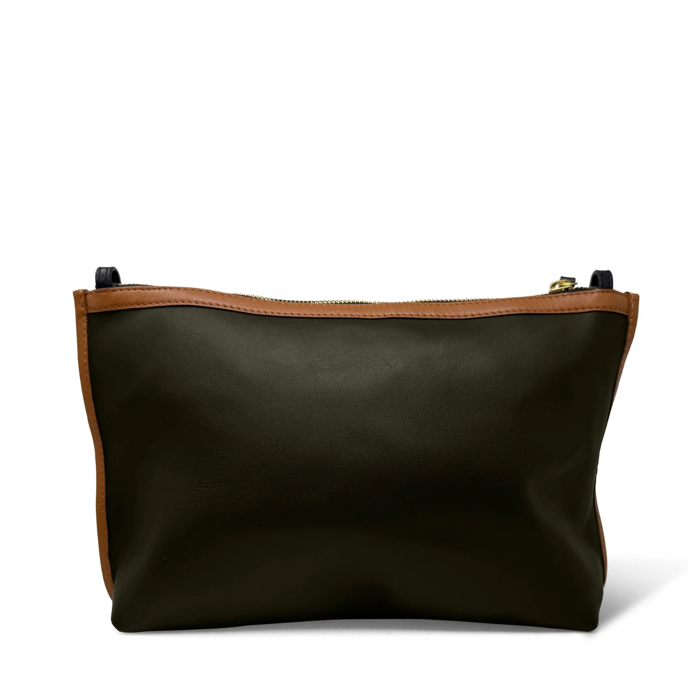 Black leather pouch with brown zipper on a white background