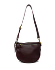 Brown leather handbag with a strap on a white background