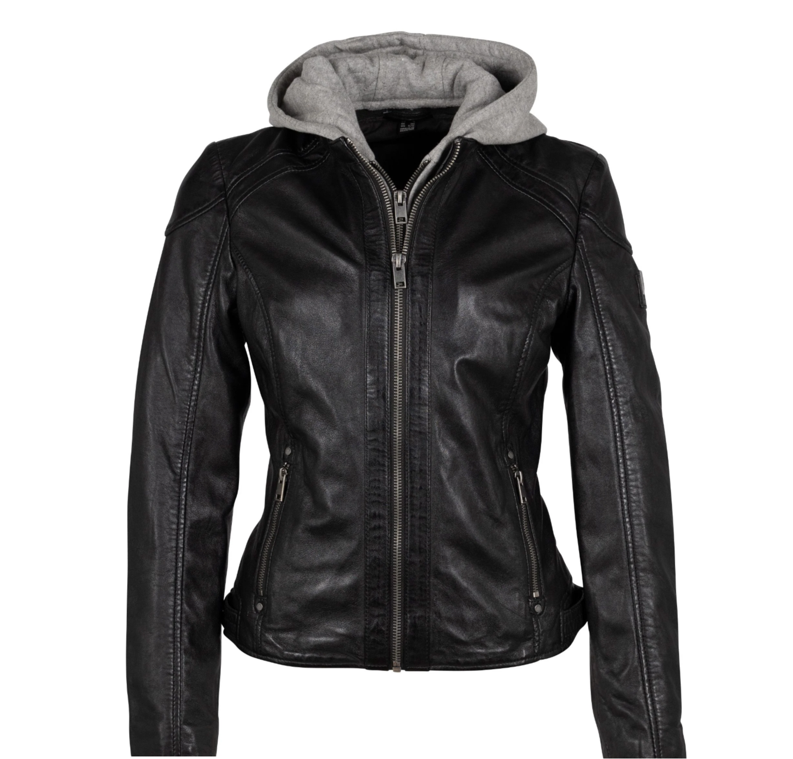 Black leather jacket with gray hood on a white background