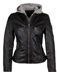 Black leather jacket with gray hood on a white background
