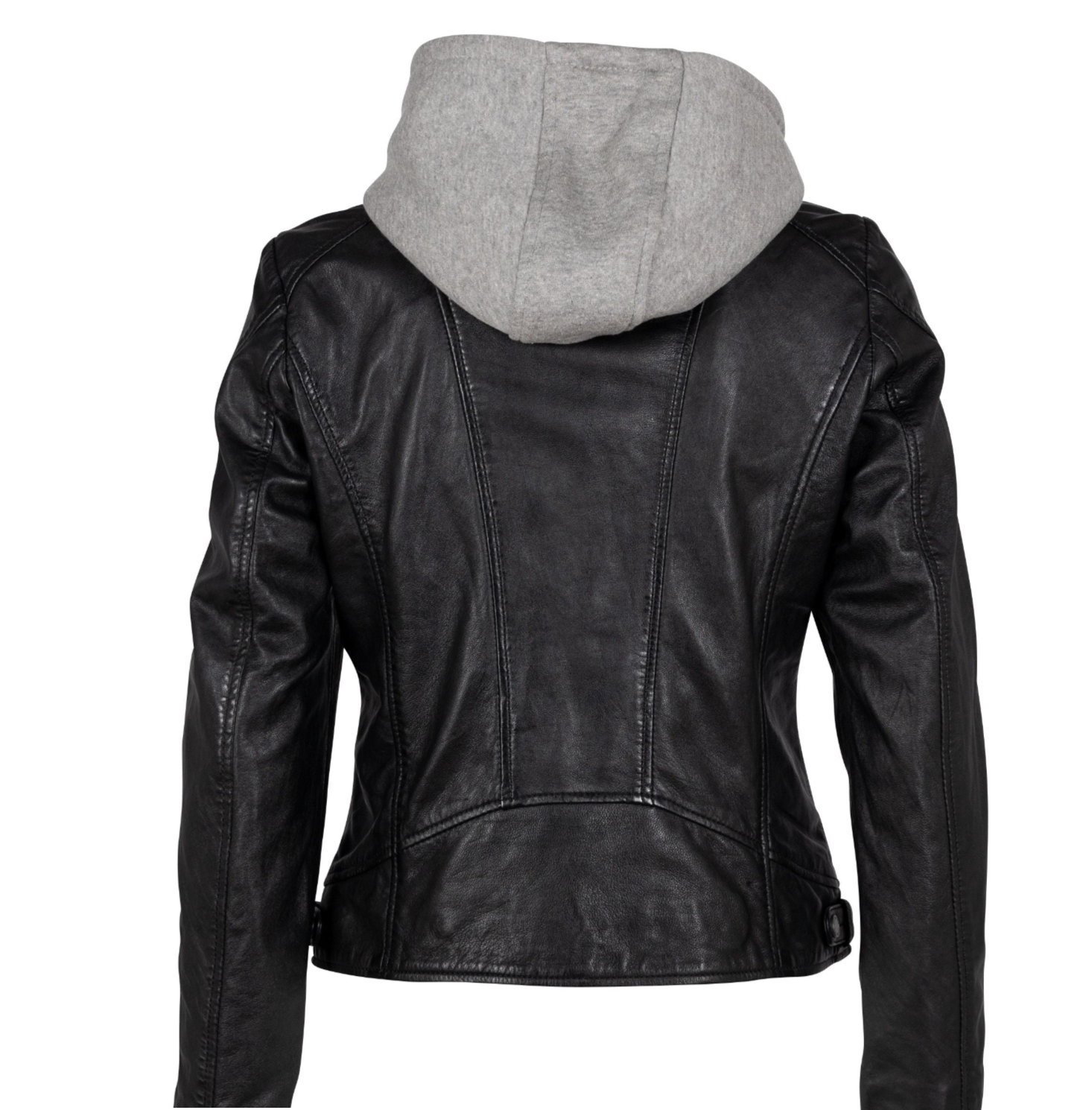 Black leather jacket with a gray hood on a white background