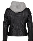 Black leather jacket with a gray hood on a white background