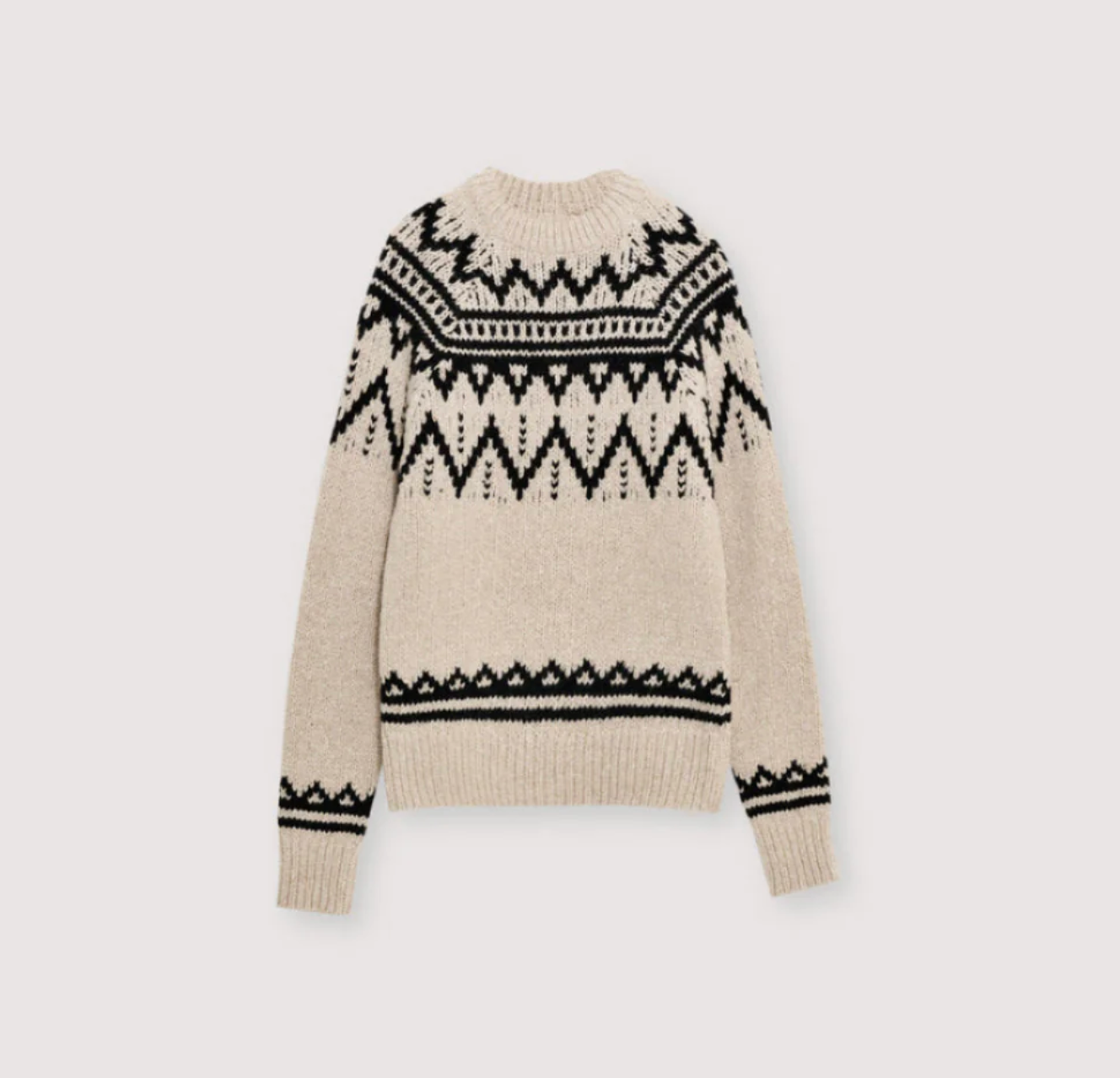 Beige sweater with black pattern on a white background
