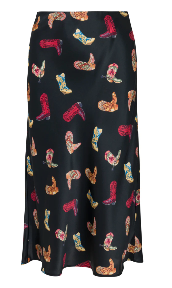 Black skirt with colorful cowboy boot pattern on a white background
