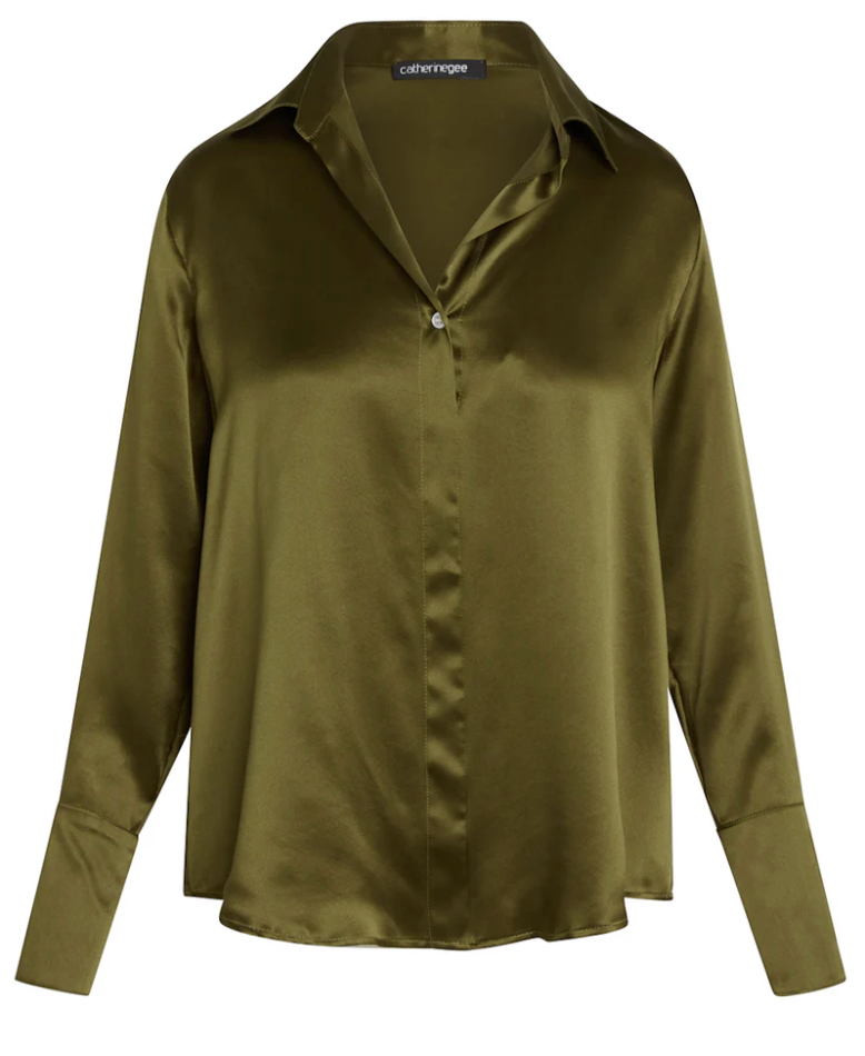Daria French Cuff Silk Blouse in Army Green by Catherine Gee