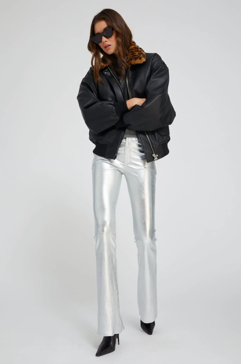 Leather 5 Pocket Micro Flare in Metallic Silver by SPRWMN