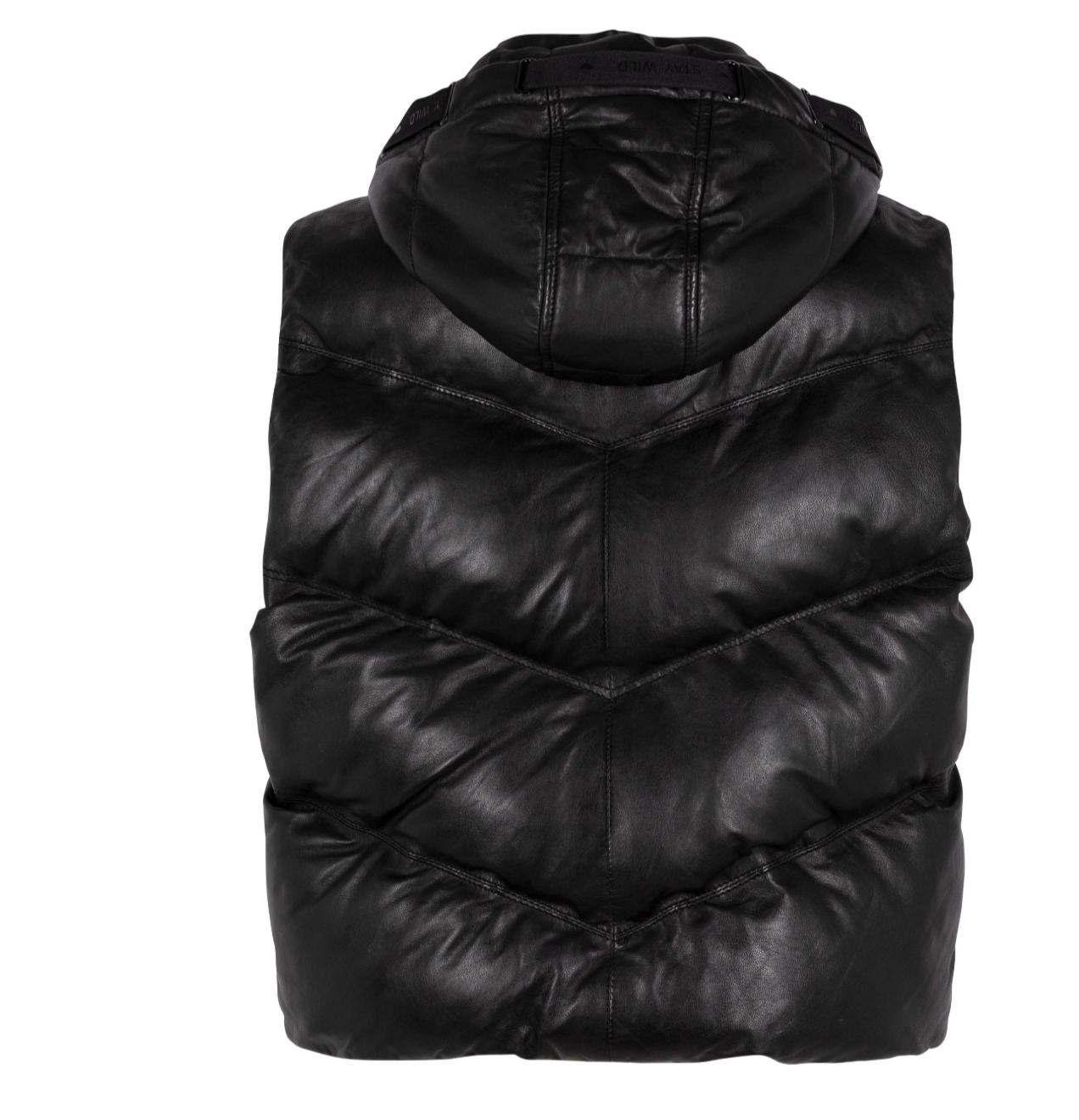 Black puffer vest with a hood on a white background