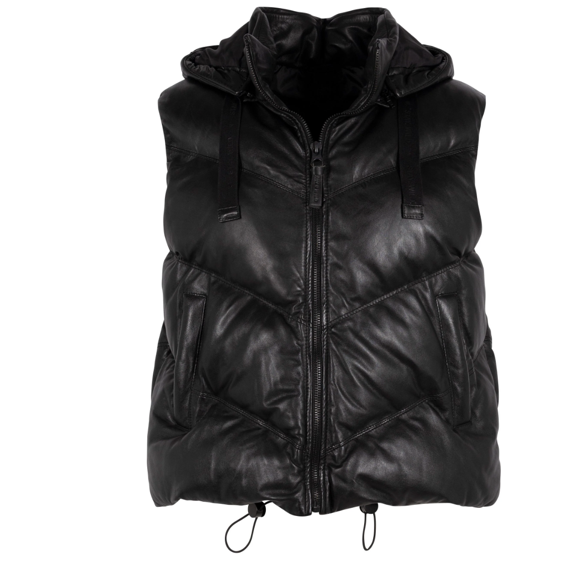 Black puffer vest with a hood on a white background