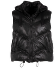 Black puffer vest with a hood on a white background