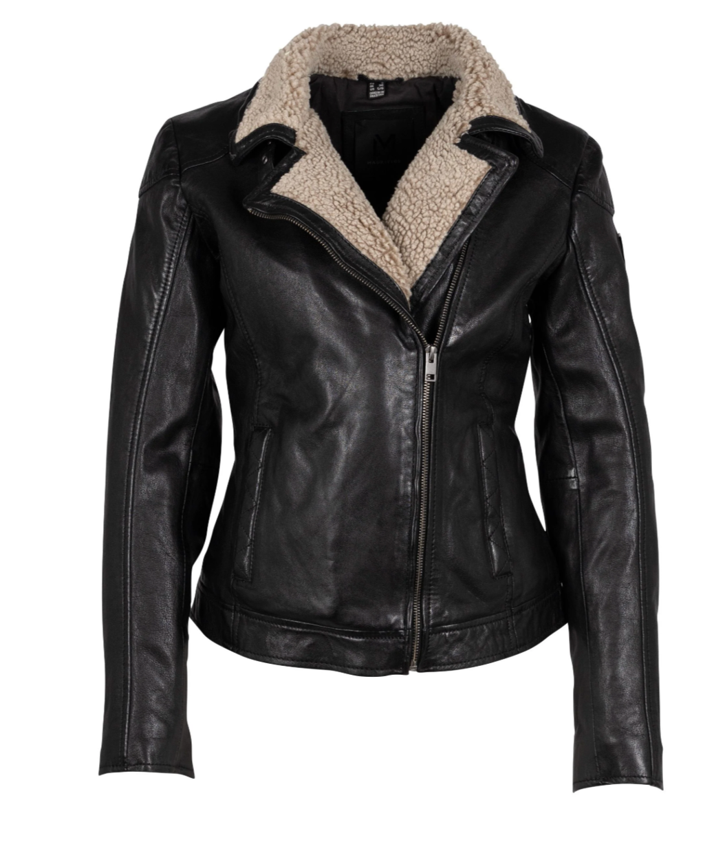 Black leather jacket with beige shearling collar on a white background