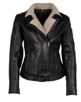 Black leather jacket with beige shearling collar on a white background