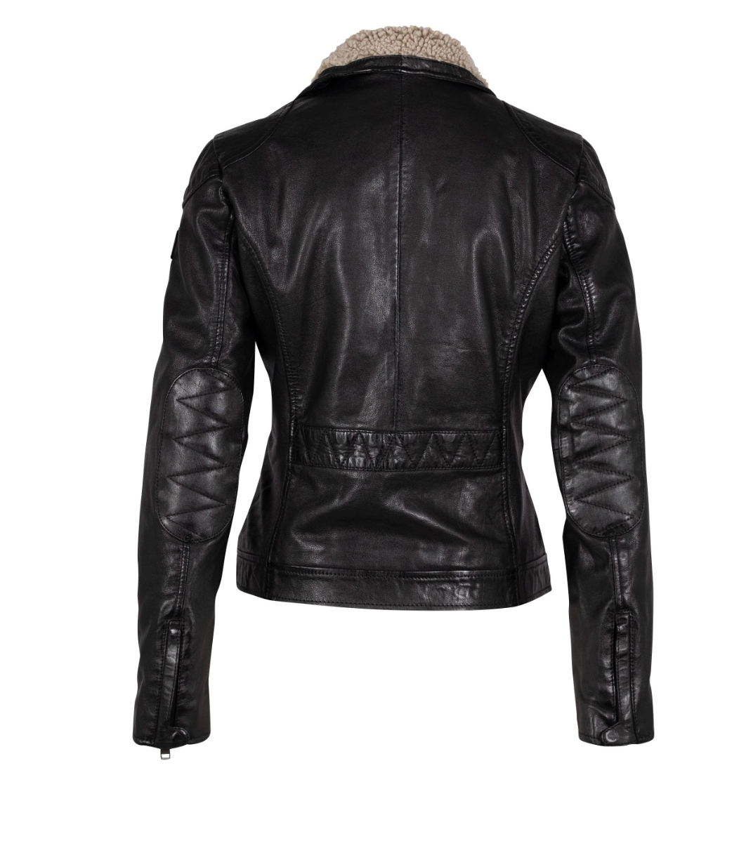 Black leather jacket with fur collar on a white background