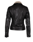 Black leather jacket with fur collar on a white background