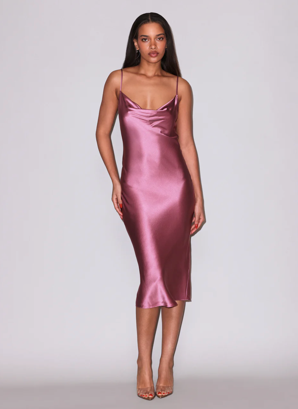 Cowl Neck Midi Slip Dress in Pink by Fleur Du Mal